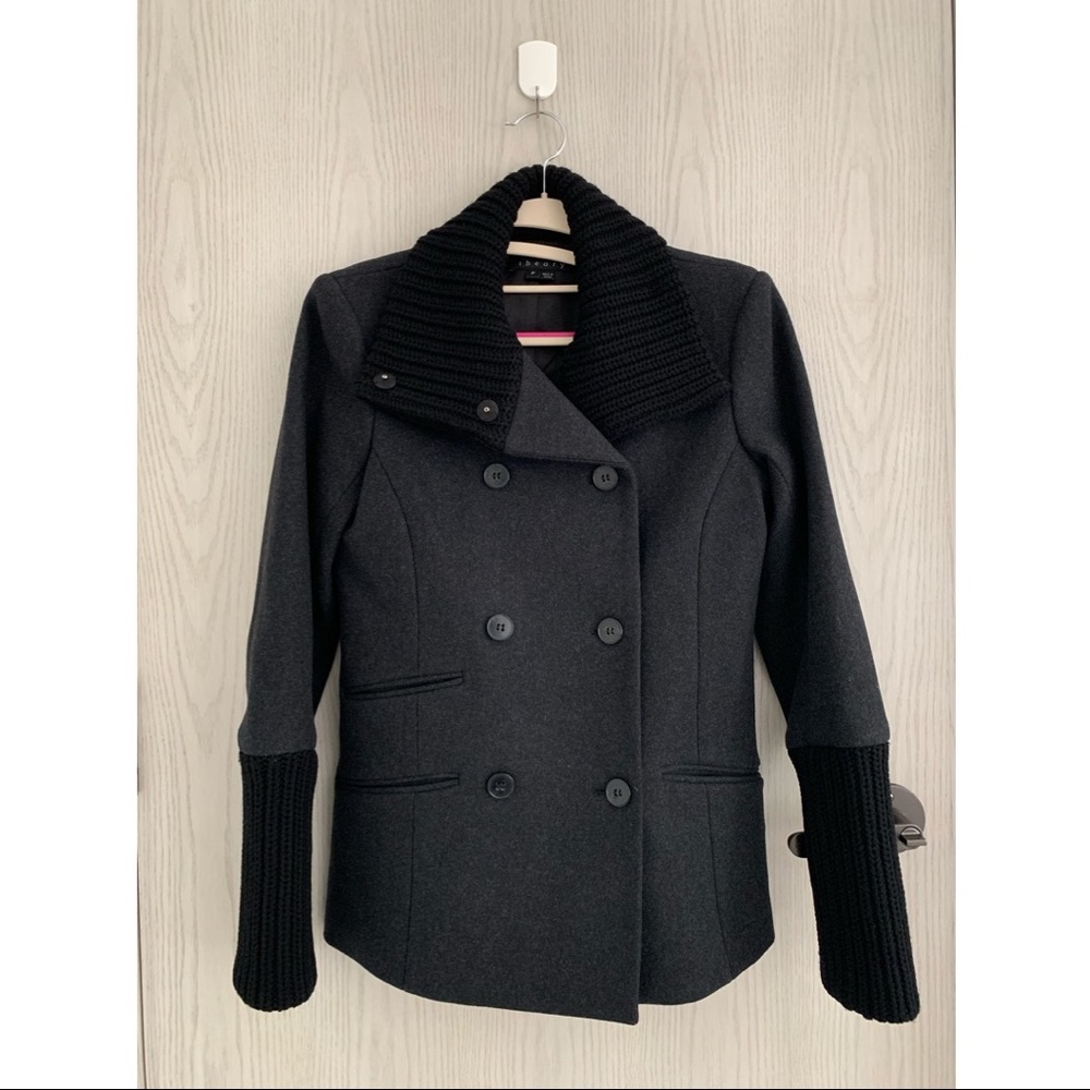 Theory Wool Peacoat Jacket, Knit Collar And Cuffs